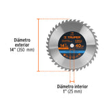 Disco Sierra 14' para Madera, 40 Dientes Centro 1', Truper