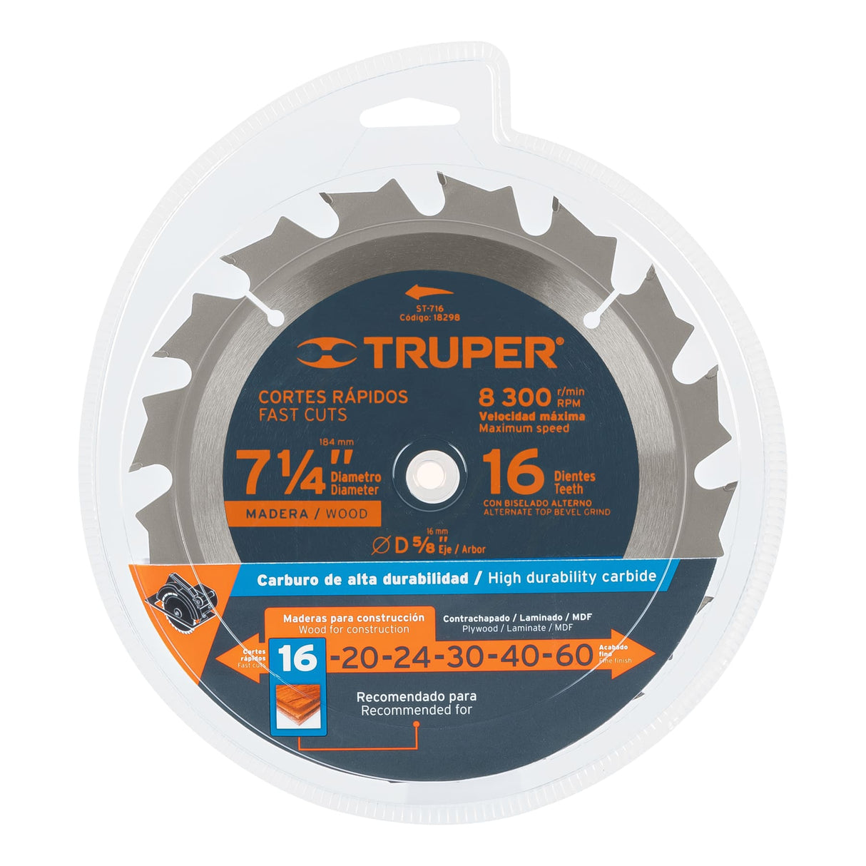 Disco Sierra 7- 1/4' para Madera, 16 Dientes Centro 5/8'
