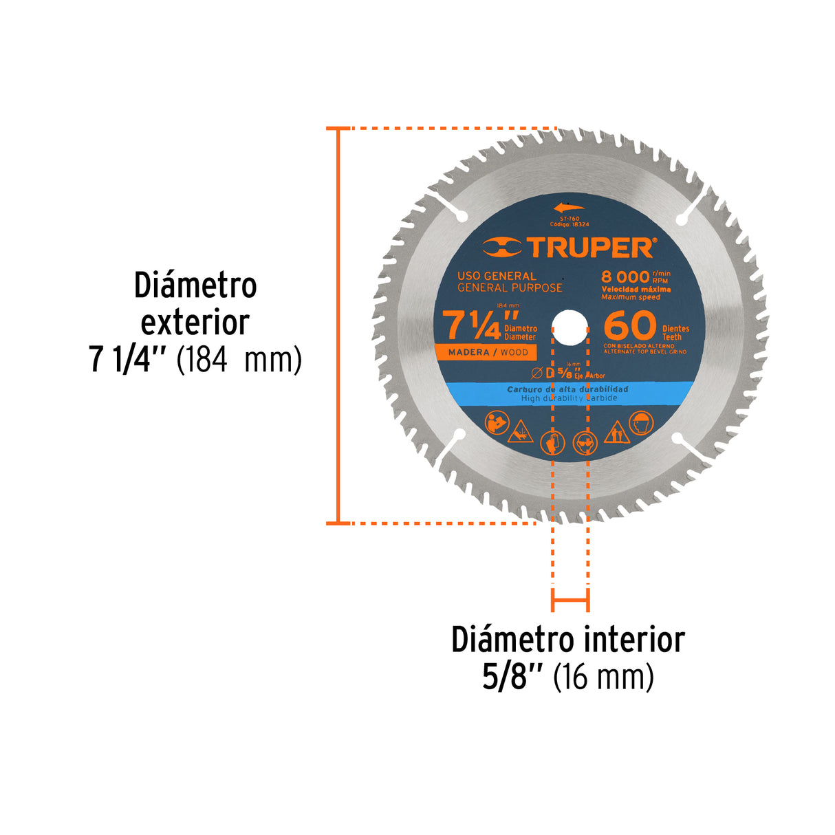 Disco Sierra 7- 1/4' para Madera, 16 Dientes Centro 5/8'