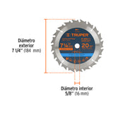 Disco Sierra 7- 1/4' para Madera, 20 Dientes Centro 5/8'