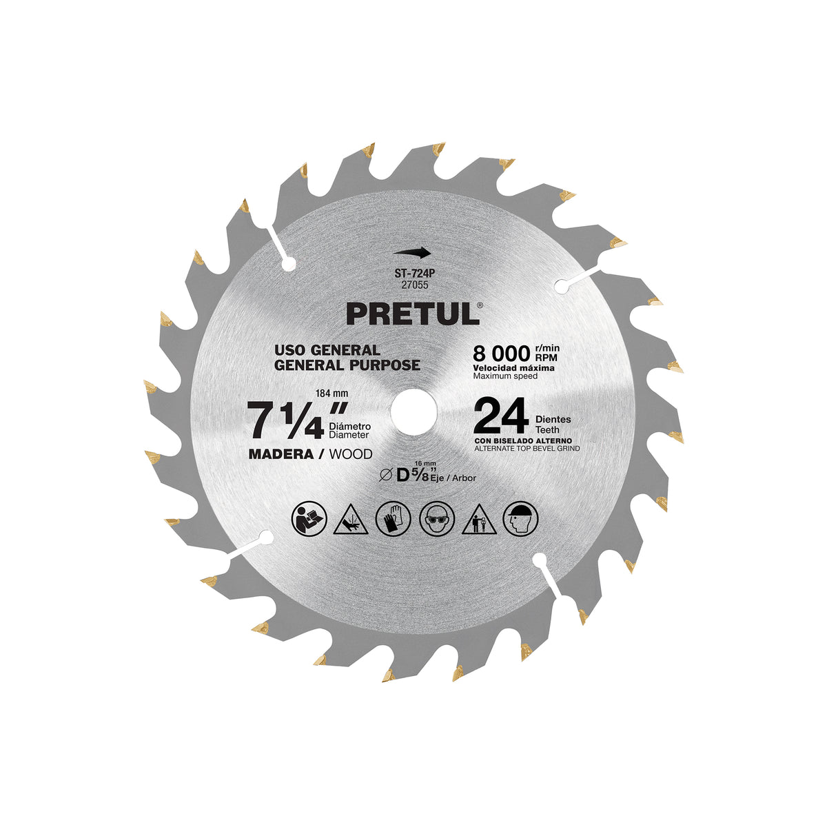 Disco Sierra 7-1/4' para Madera, 24 Dientes Centro 5/8', Pretul