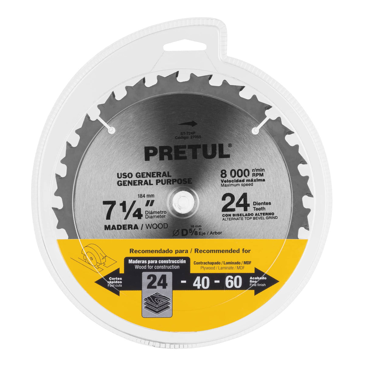 Disco Sierra 7-1/4' para Madera, 24 Dientes Centro 5/8', Pretul