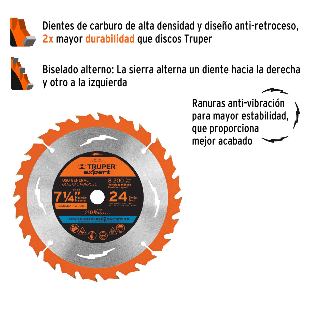 Disco Sierra 7-1/4' para Madera, 24 Dientes Centro 5/8', Expert
