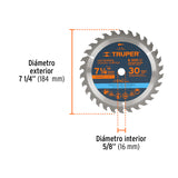Disco Sierra 7- 1/4' para Madera, 30 Dientes Centro 5/8'