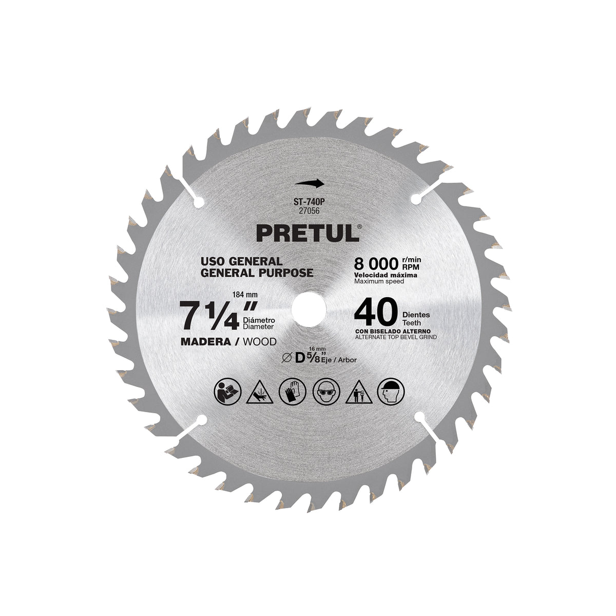Disco Sierra 7-1/4' para Madera, 40 Dientes Centro 5/8', Pretul