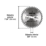 Disco Sierra 7-1/4' para Madera, 40 Dientes Centro 5/8', Pretul