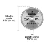 Disco Sierra 7-1/4' para Madera, 60 Dientes Centro 5/8', Pretul