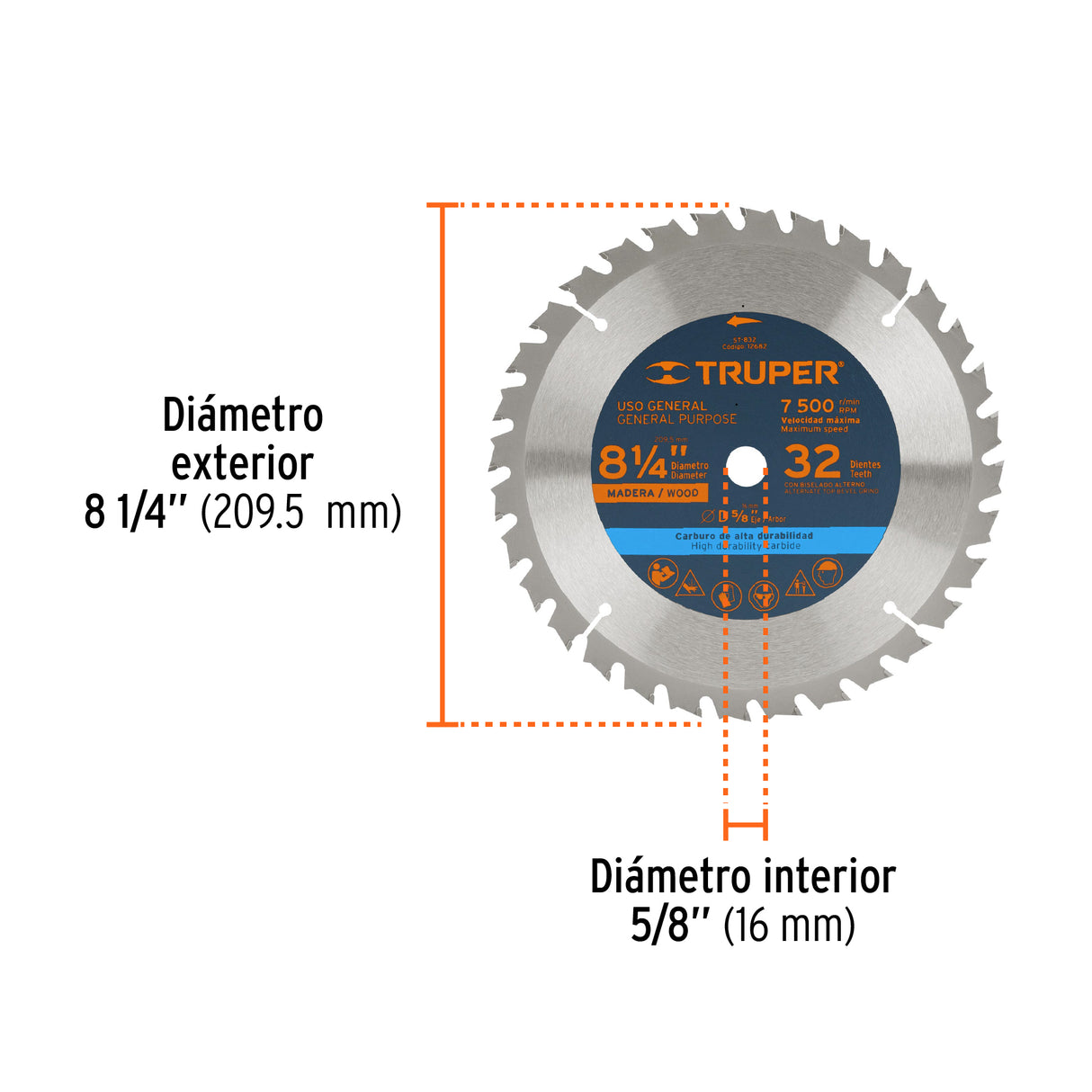 Disco Sierra 8-1/4' para Madera, 32 Dientes Centro 5/8'