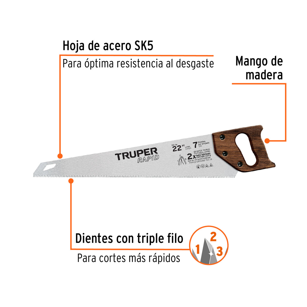 Serrucho Rapid 22', 7 Dpp, Mango de Madera, Truper