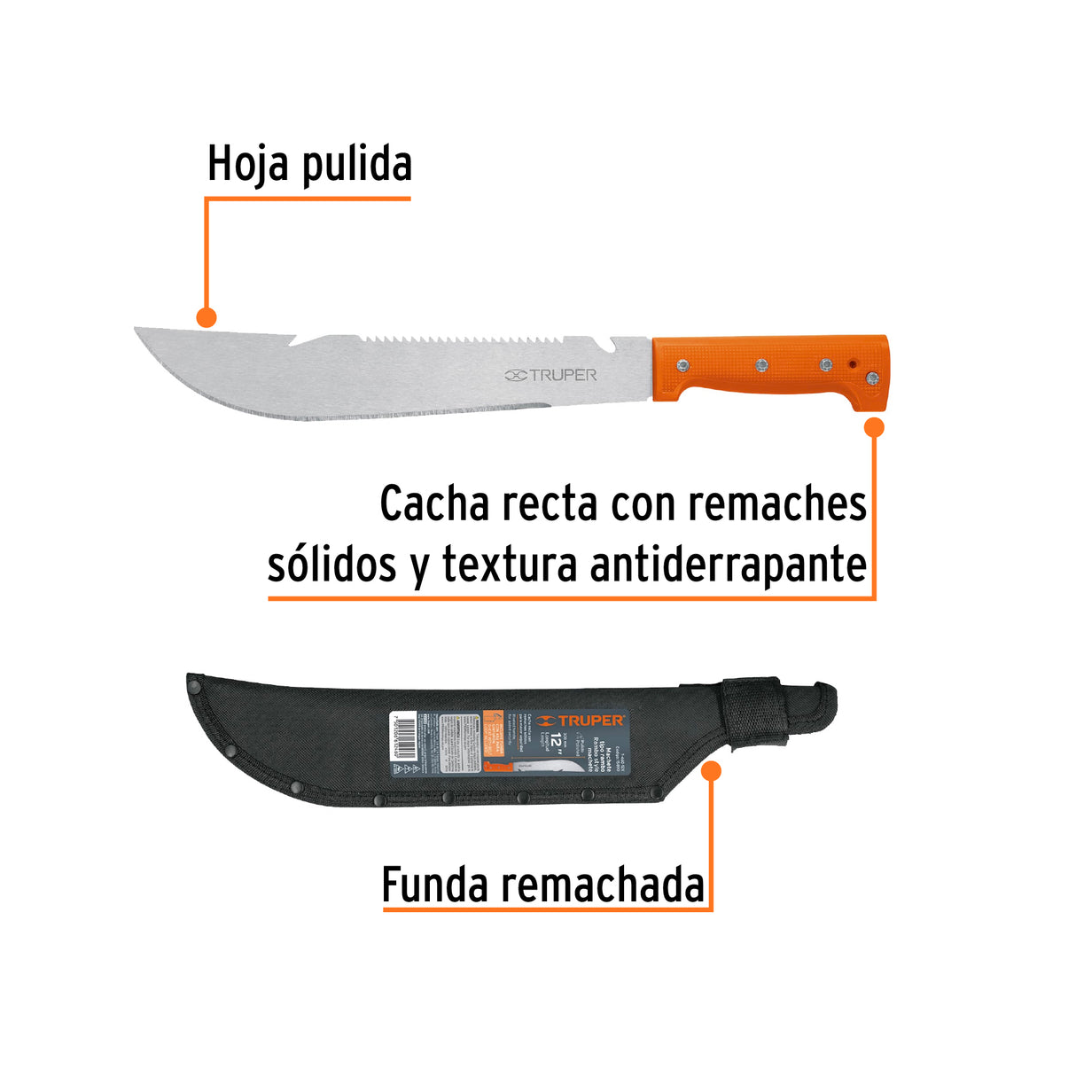 Machete Rambo 12', Cacha Remachada Naranja, con Funda, Truper