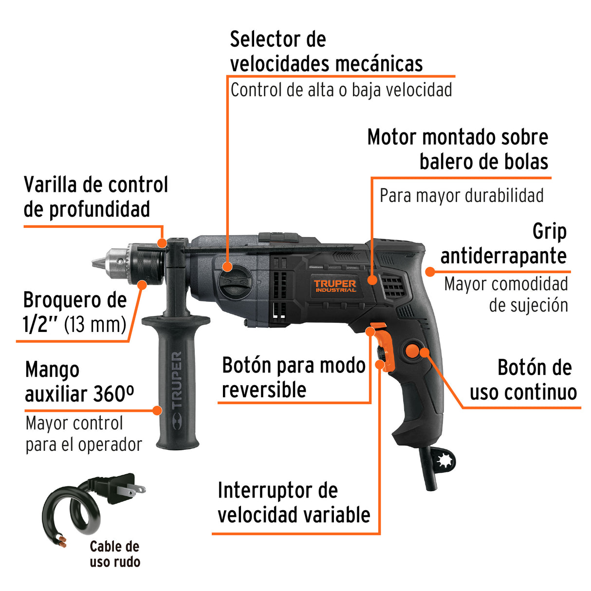 Taladro 1/2', 800 W Dos Velocidades, Truper Industrial