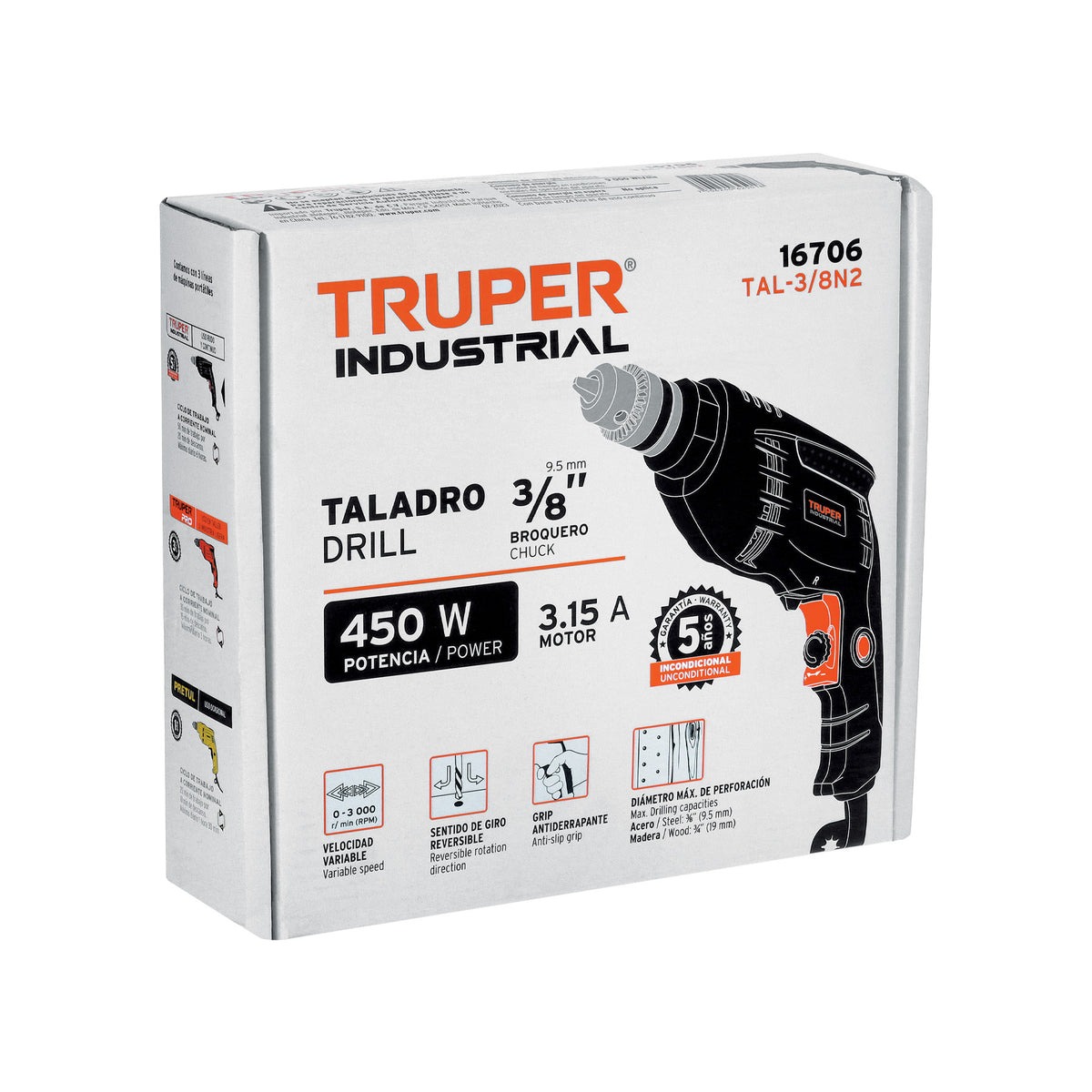 Taladro 3/8', 450 W, Truper Industrial