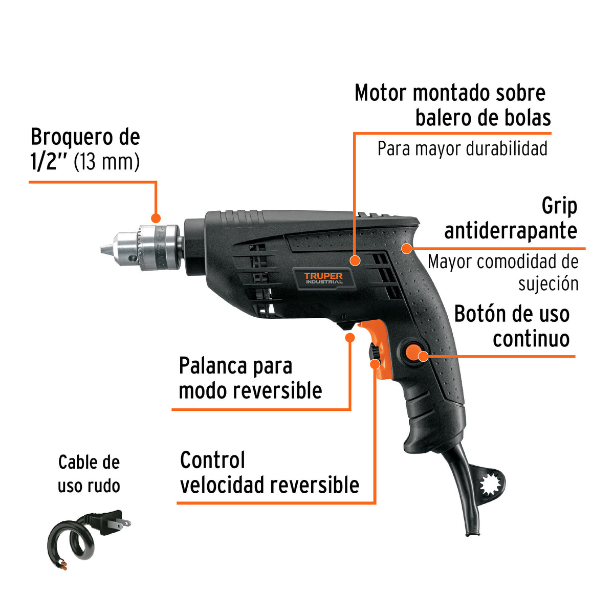Taladro 3/8', 450 W, Truper Industrial