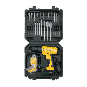 Kit taladro 3/8', 12 V, 33 accesorios, en estuche, Pretul