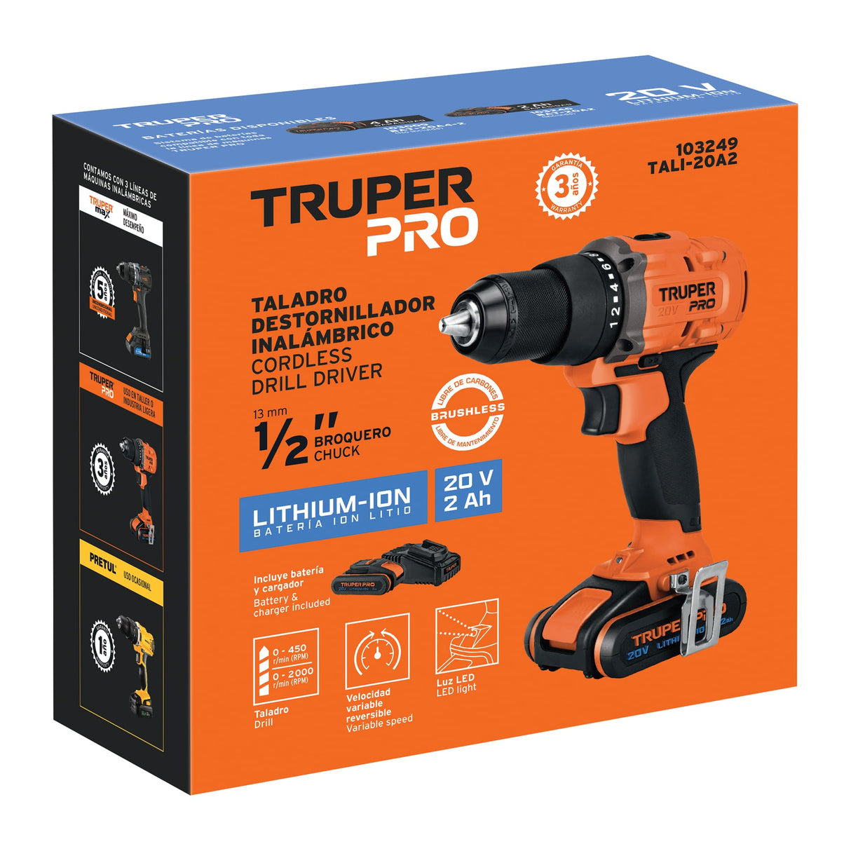 Taladro 1/2', 20 V, 1 Batería 2 Ah, Truper Pro