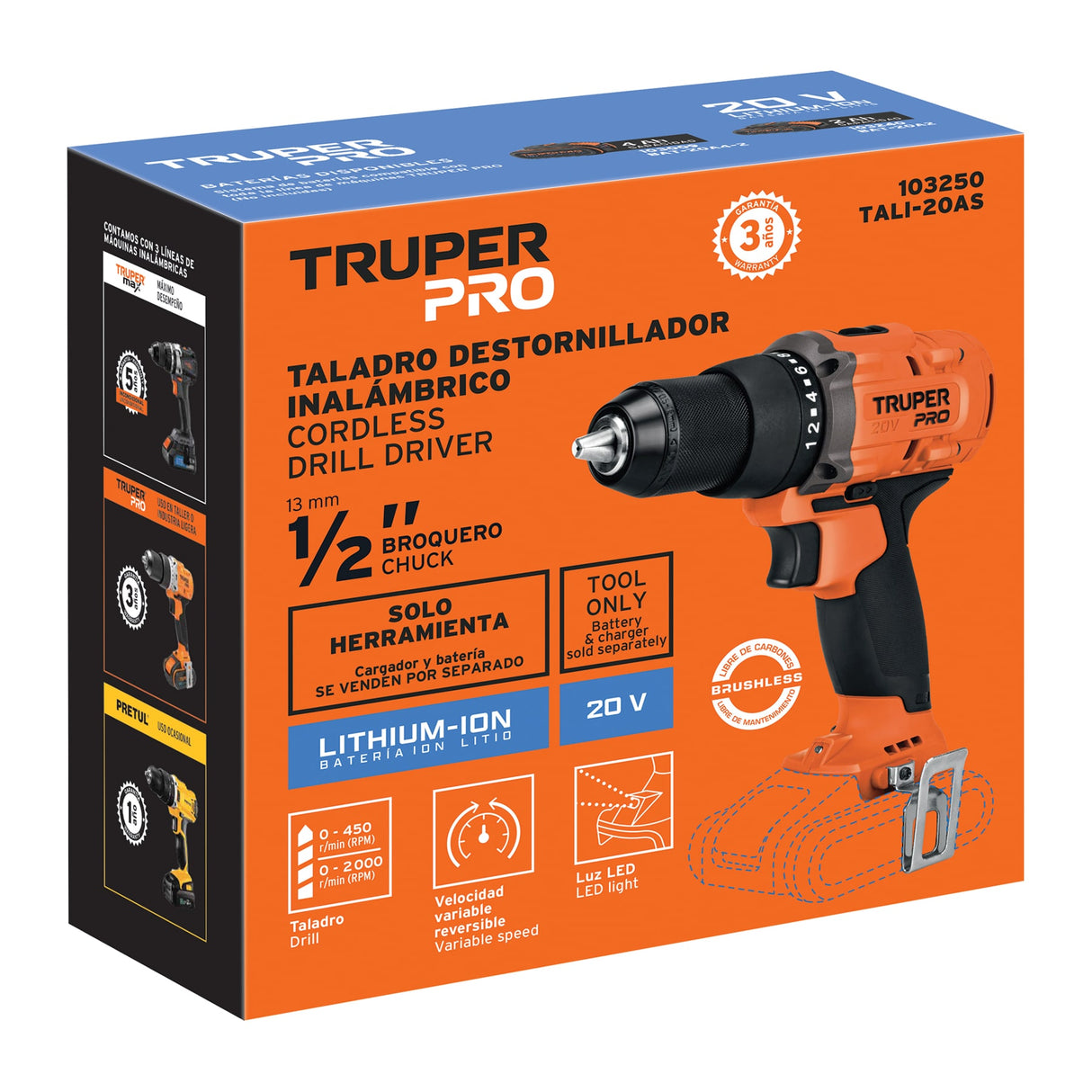 Taladro 1/2', 20 V, sin Accesorios, Truper Pro