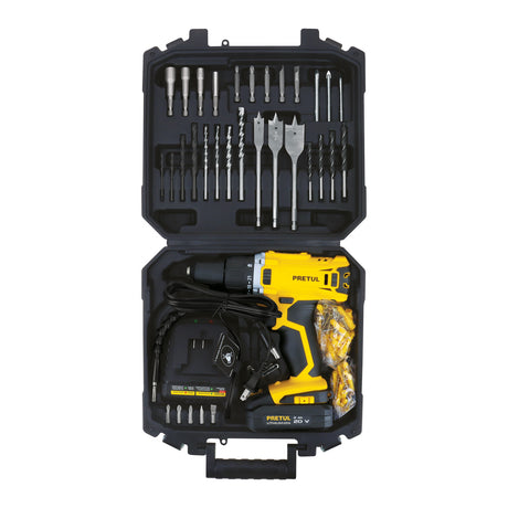 Kit taladro 1/2', 20 V, 1 batería 2 Ah, 32 accesorios, Pretul