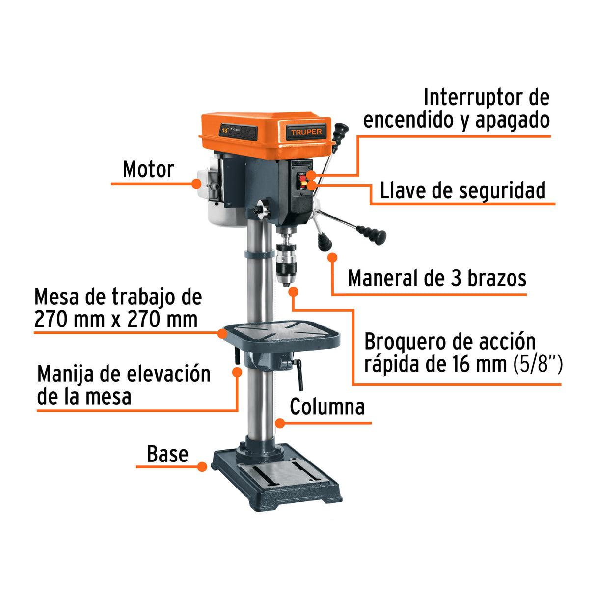 Taladro de Piso 13', 3/4 HP (560 W), Broquero 5/8', Truper
