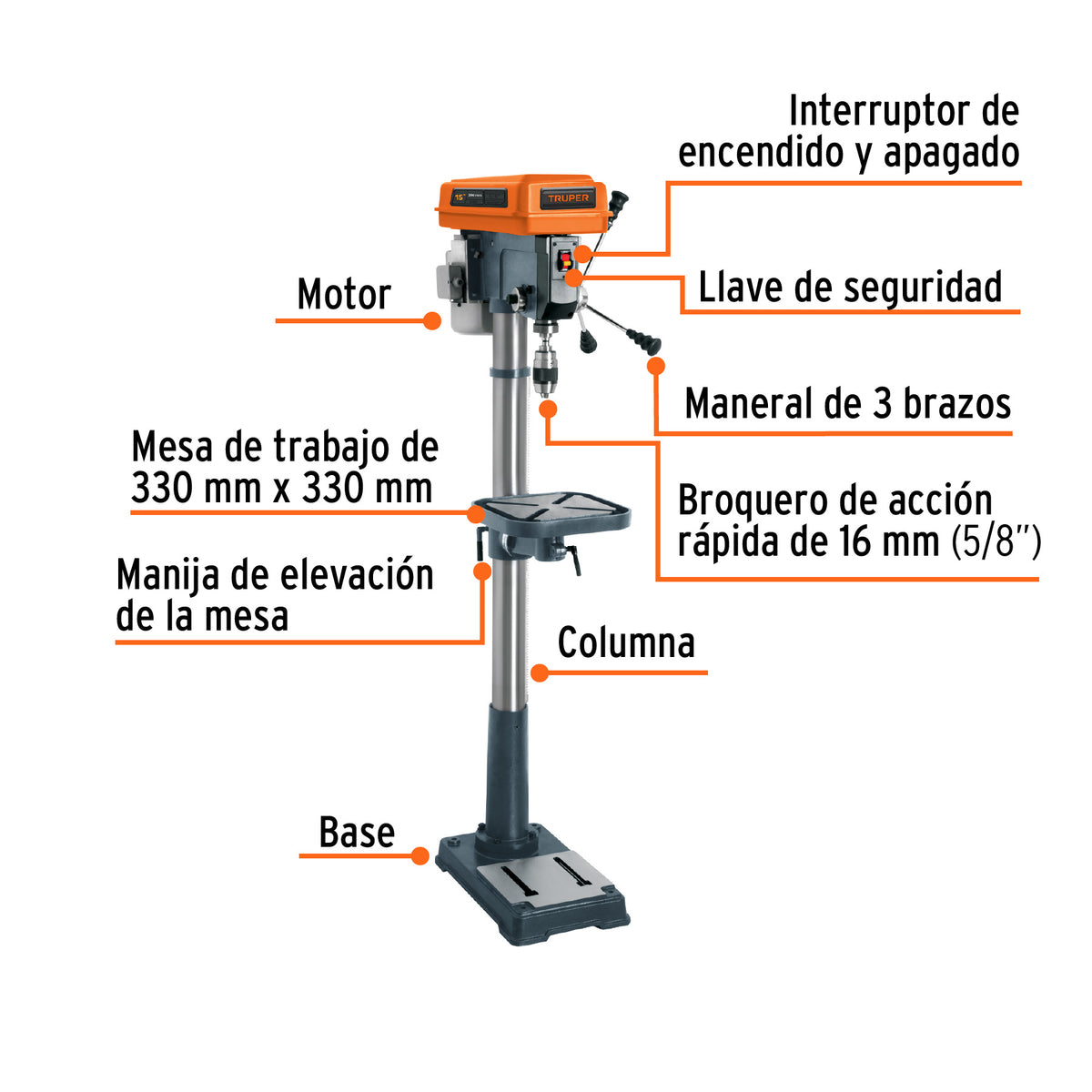 Taladro de Piso 15', 1 HP (750 W), Broquero 5/8', Truper