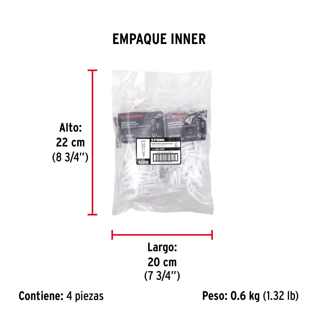 Bolsa C/100 Taquetes Plásticos 1/2', para Panel de Yeso, Fiero