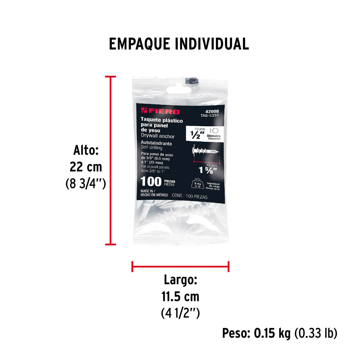 Bolsa C/100 Taquetes Plásticos 1/2', para Panel de Yeso, Fiero