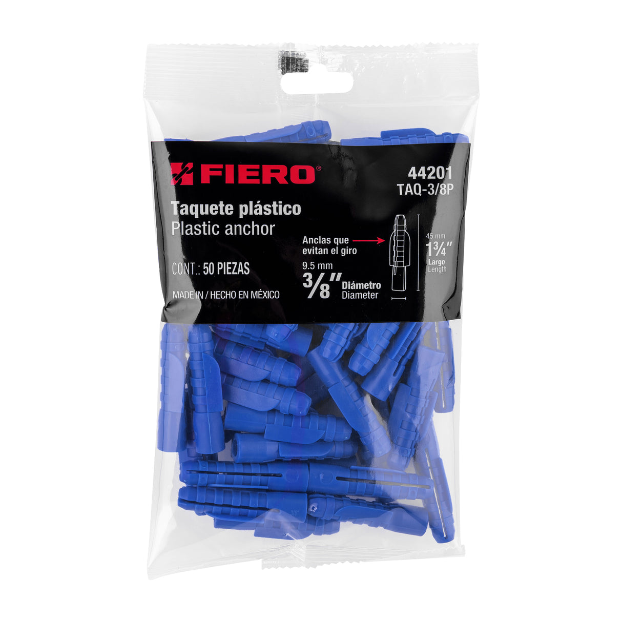 Bolsa con 50 Taquetes de Plástico 3/8', Fiero