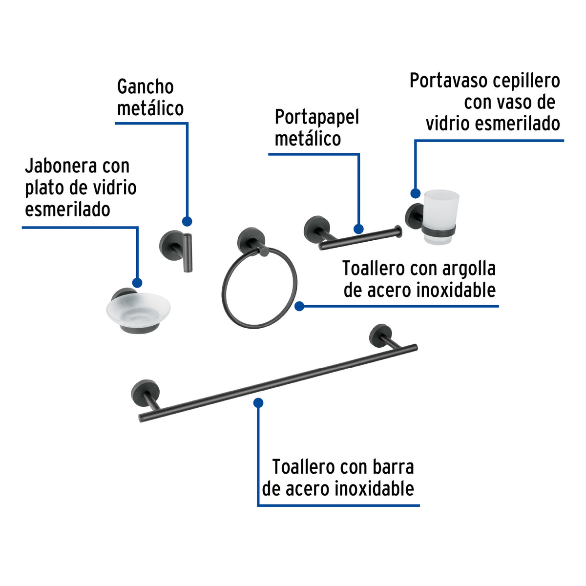 Juego de 6 Accesorios para Baño Acabado Negro, Foset Túbig