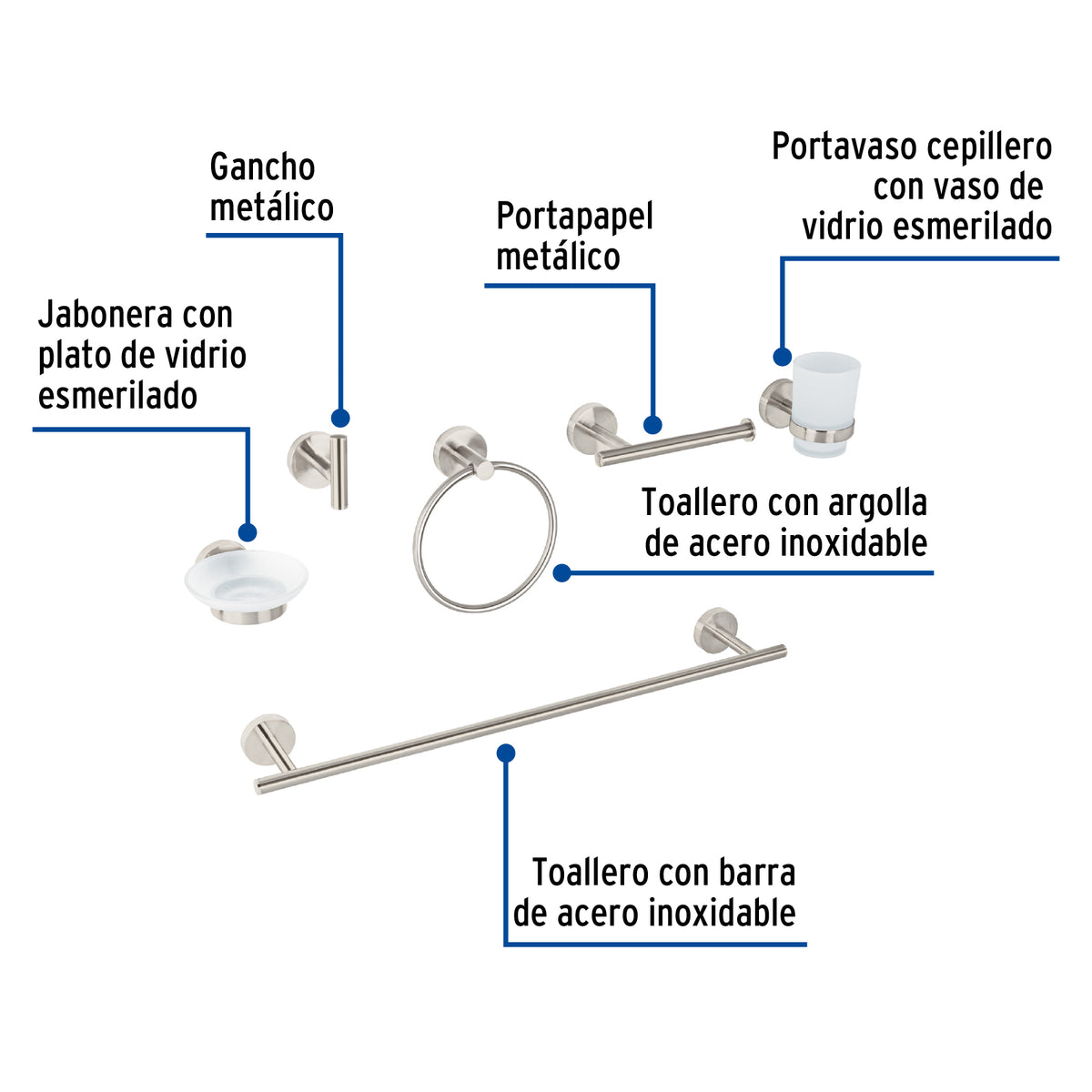 Juego de 6 Accesorios para Baño Acabado Satín, Foset Túbig