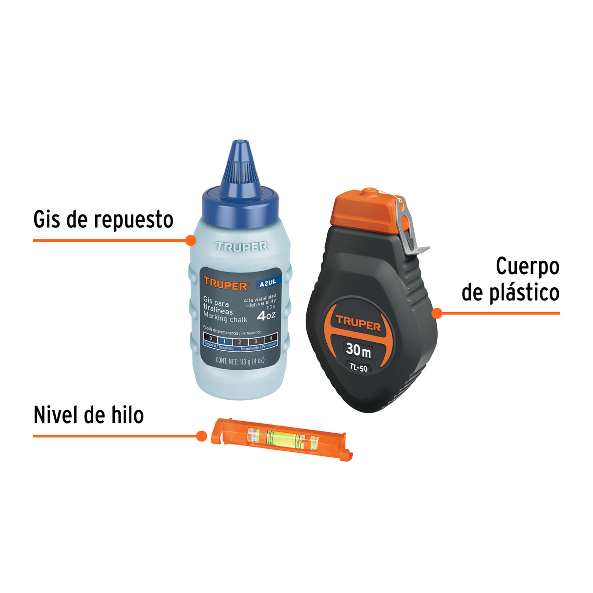 Tiralíneas Plástico con Gis y Nivel 30 m (100 ft), Truper