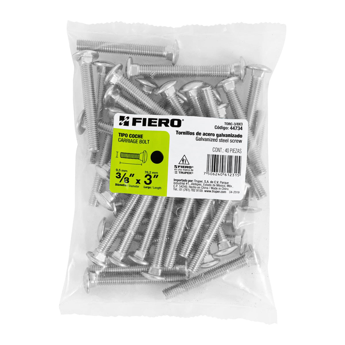 Bolsa con 40 Tornillos 3/8' X 3' Tipo Coche, Fiero