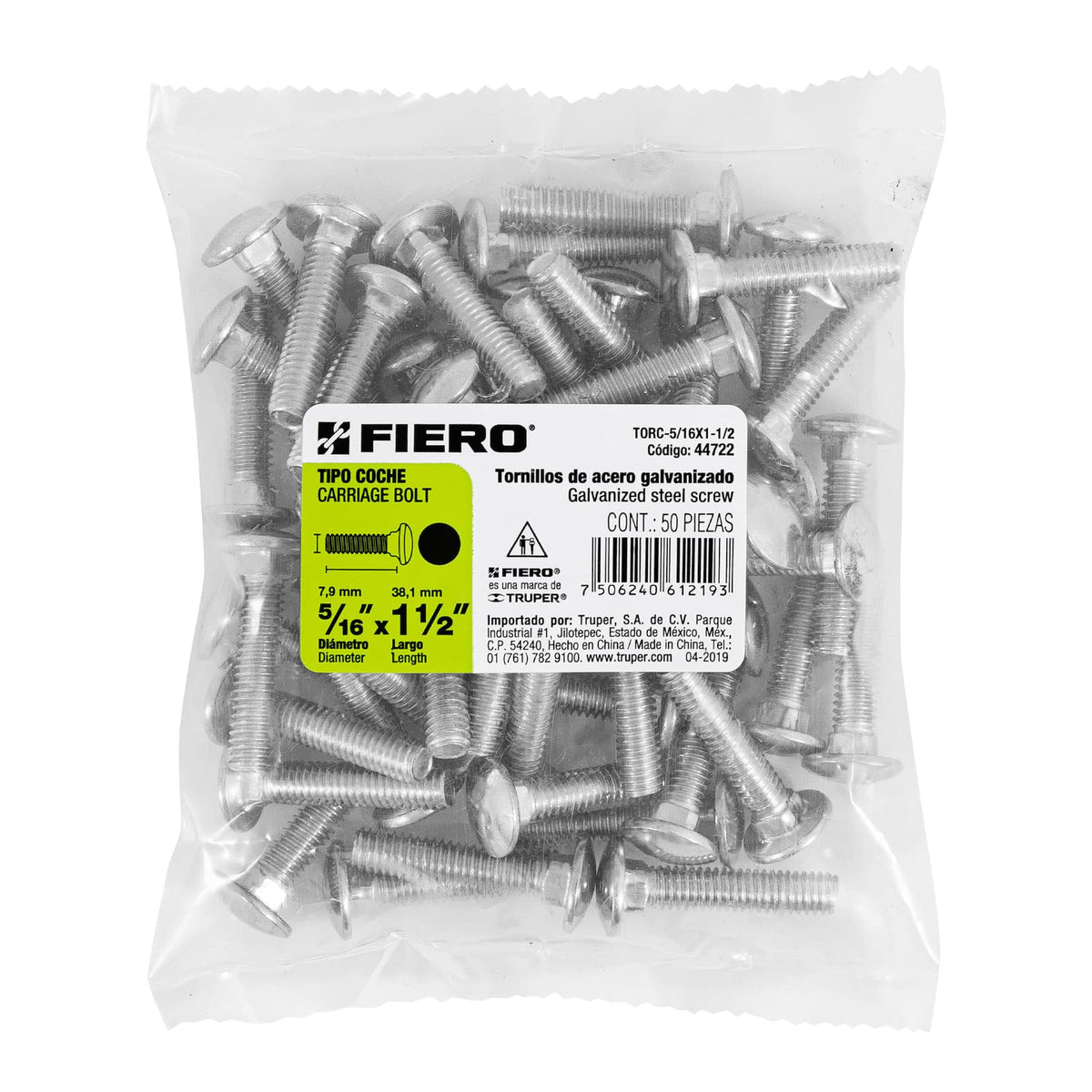 Bolsa con 50 Tornillos 5/16' X 1-1/2' Tipo Coche, Fiero