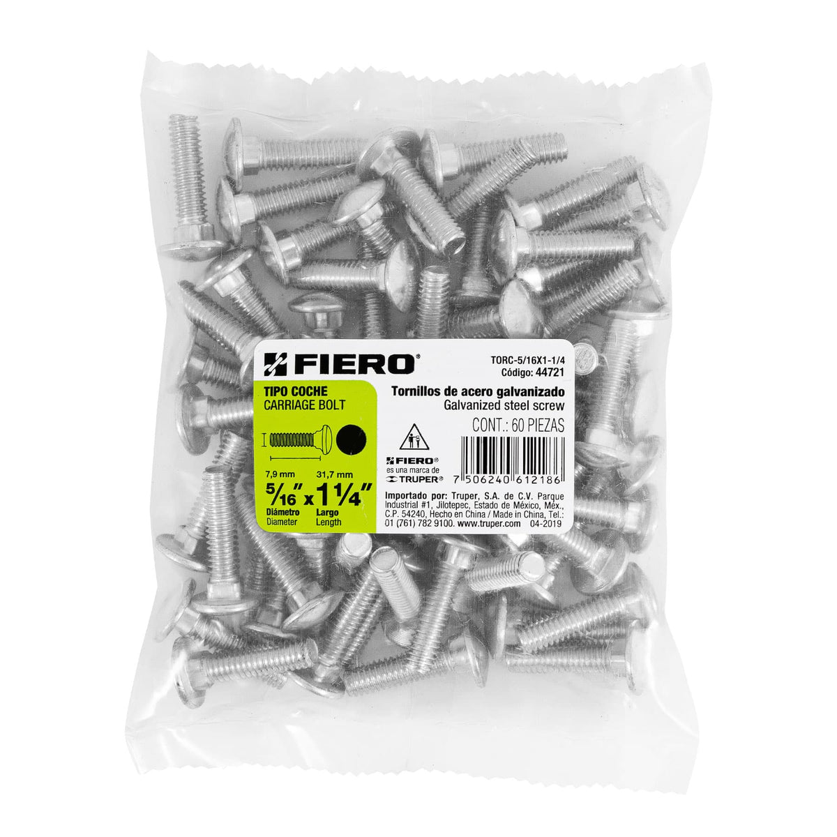 Bolsa con 60 Tornillos 5/16' X 1-1/4' Tipo Coche, Fiero