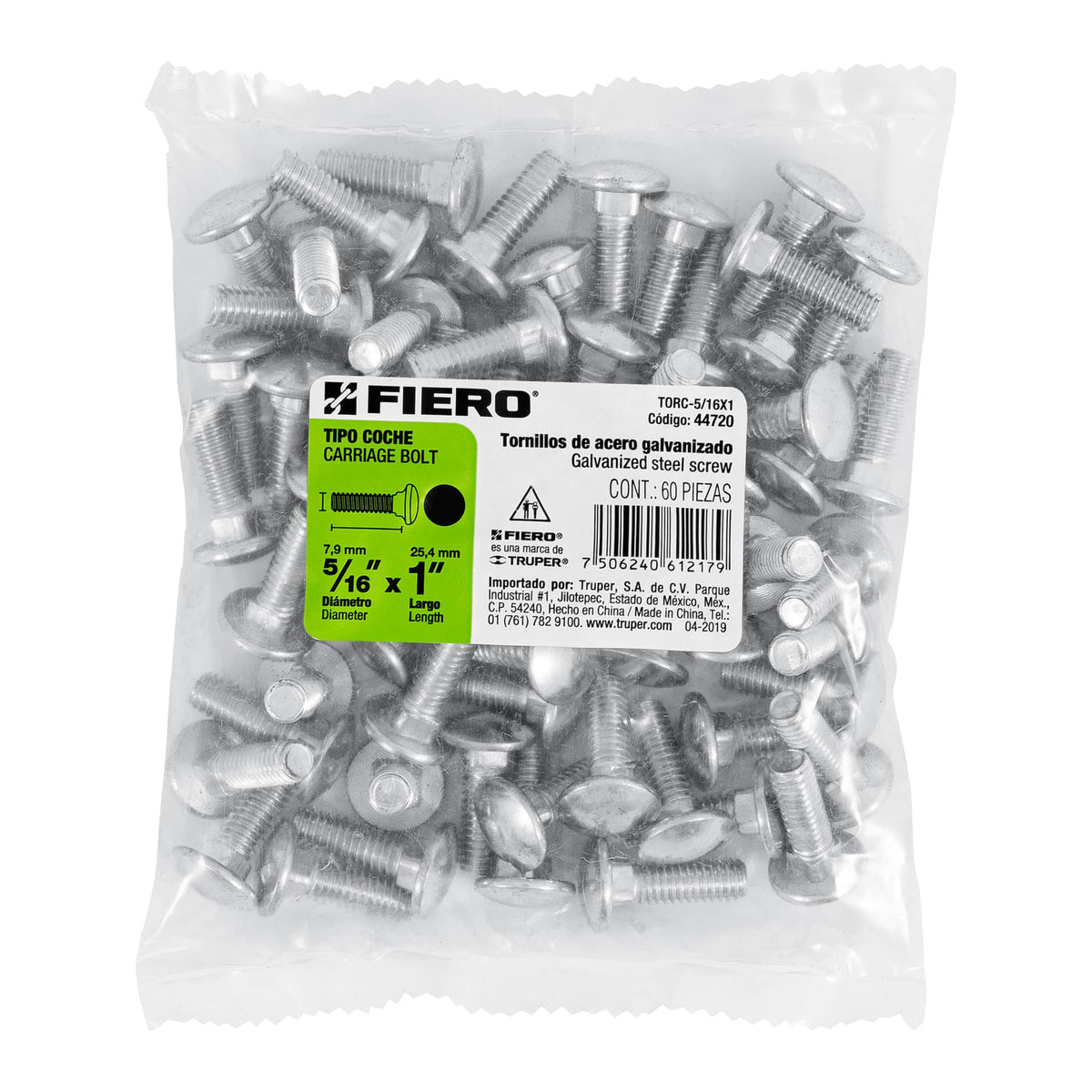 Bolsa con 60 Tornillos 5/16' X 1' Tipo Coche, Fiero
