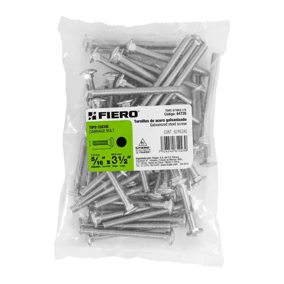 Bolsa con 50 Tornillos 5/16' X 3-1/2' Tipo Coche, Fiero