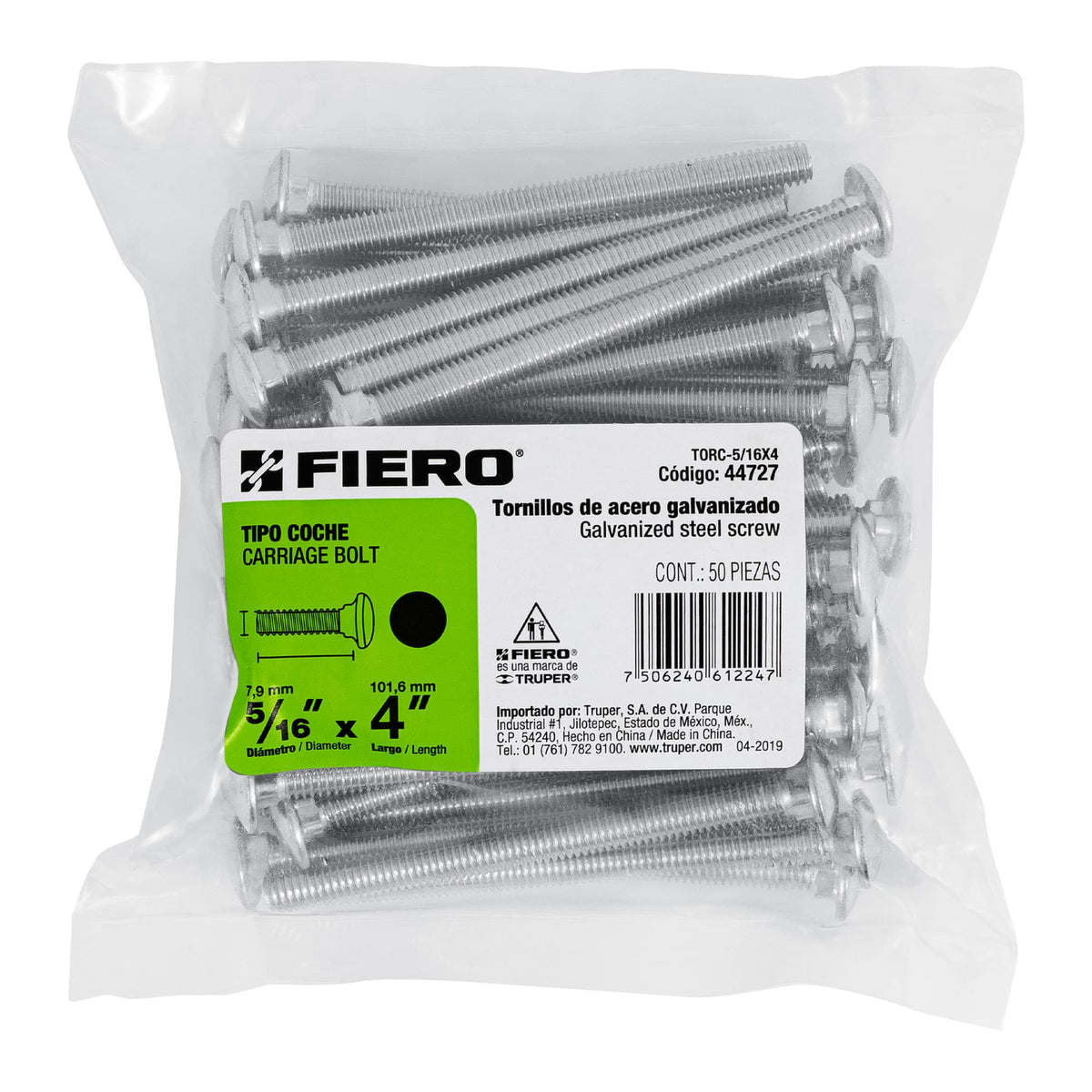 Bolsa con 50 Tornillos 5/16' X 4' Tipo Coche, Fiero