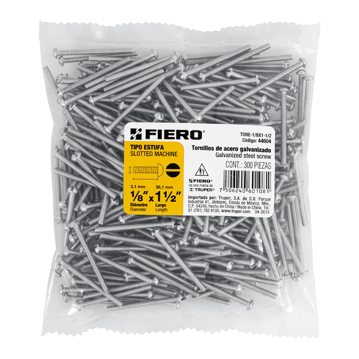 Bolsa con 300 Tornillos 1/8' X 1-1/2' Tipo Estufa, Fiero