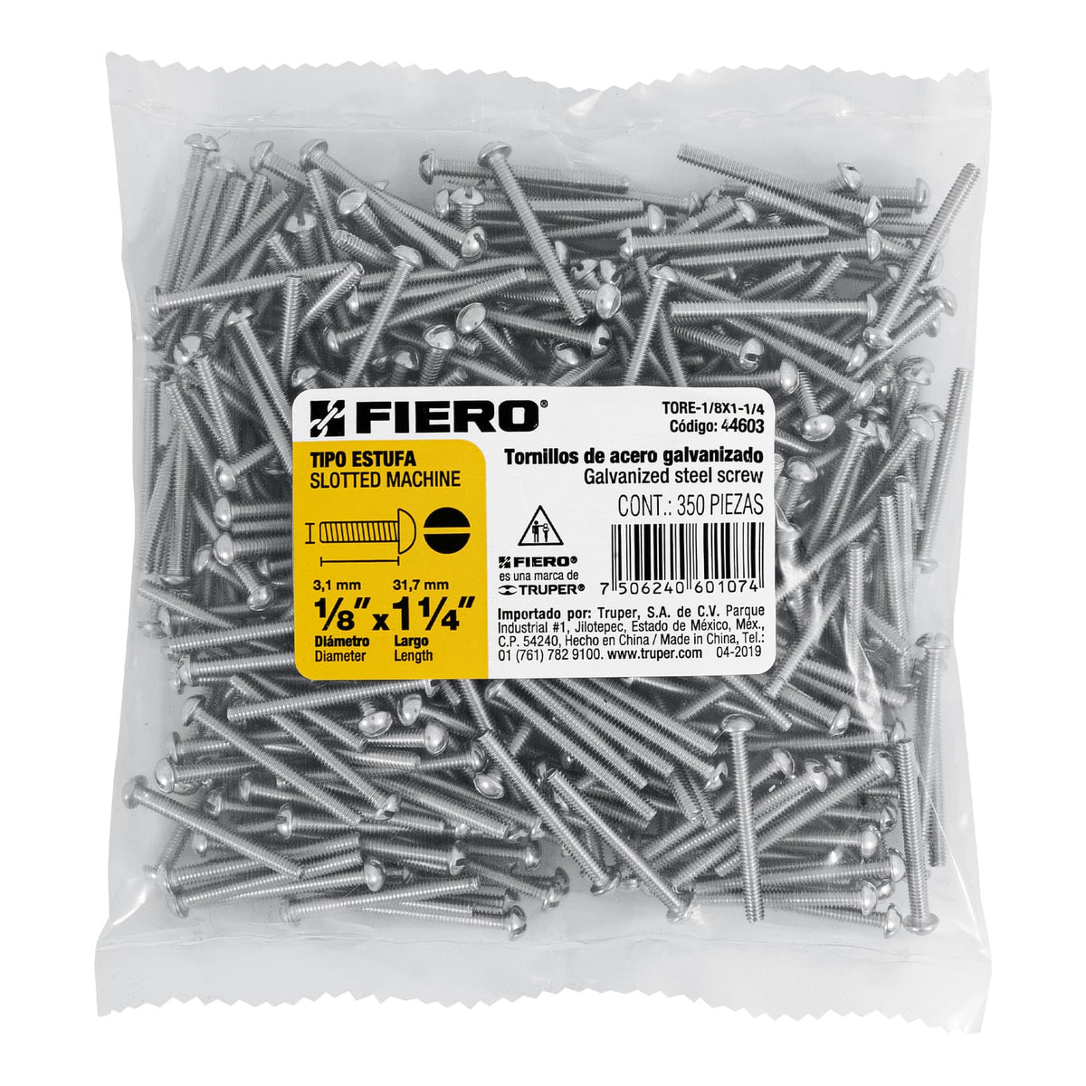 Bolsa con 350 Tornillos 1/8' X 1-1/4' Tipo Estufa, Fiero