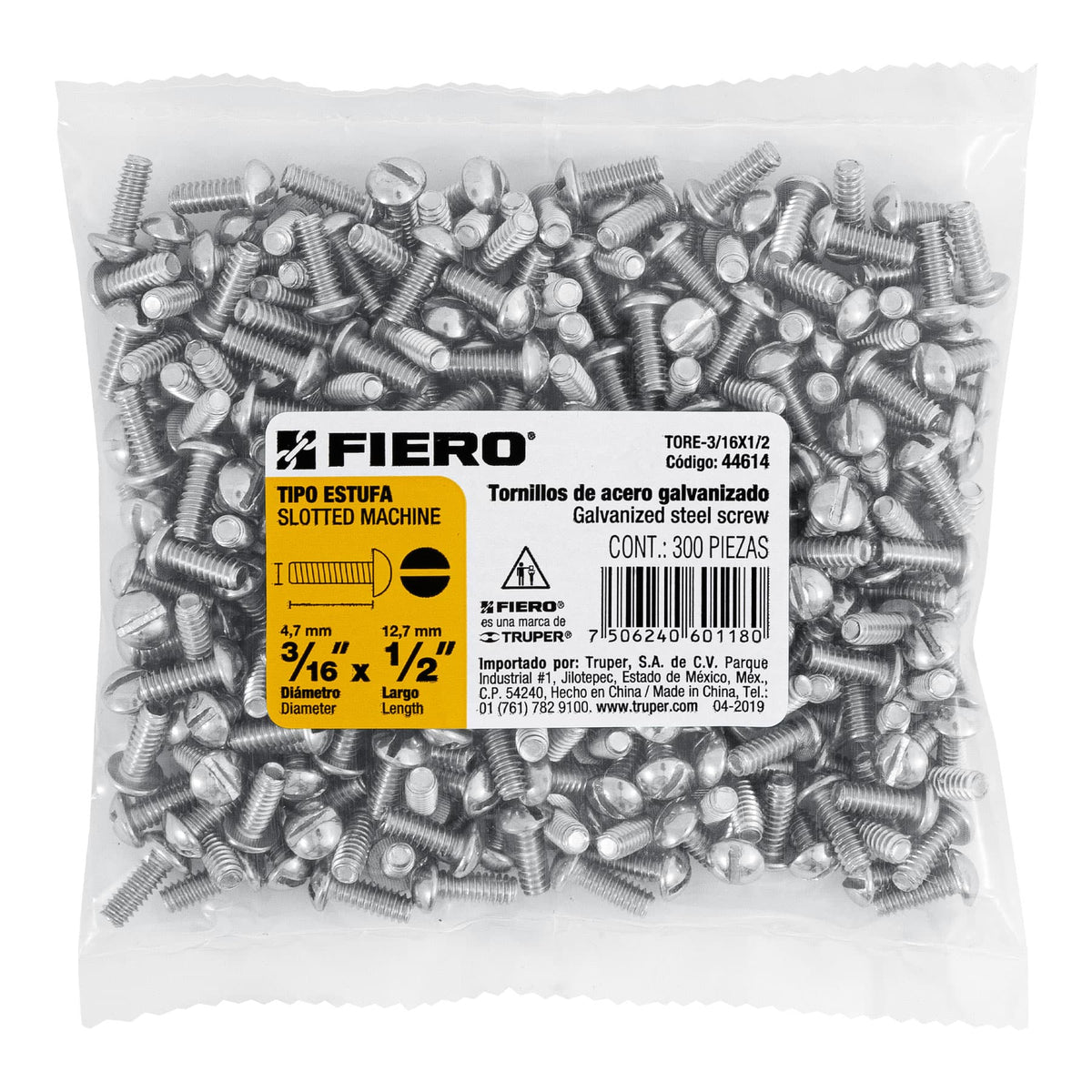 Bolsa con 300 Tornillos 3/16' X 1/2' Tipo Estufa, Fiero