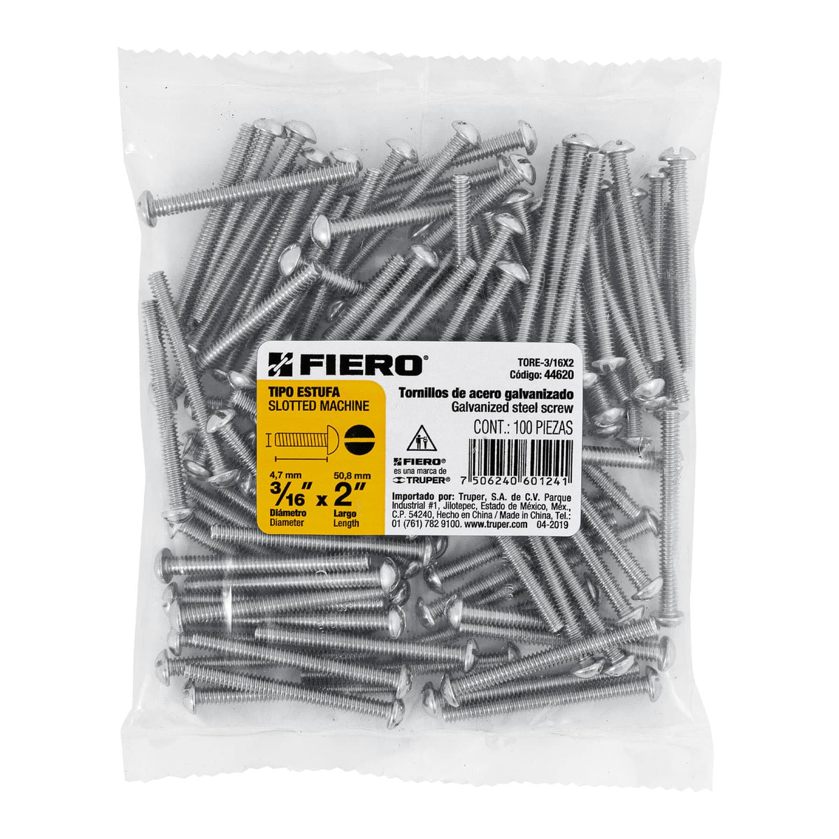 Bolsa con 100 Tornillos 3/16' X 2' Tipo Estufa, Fiero