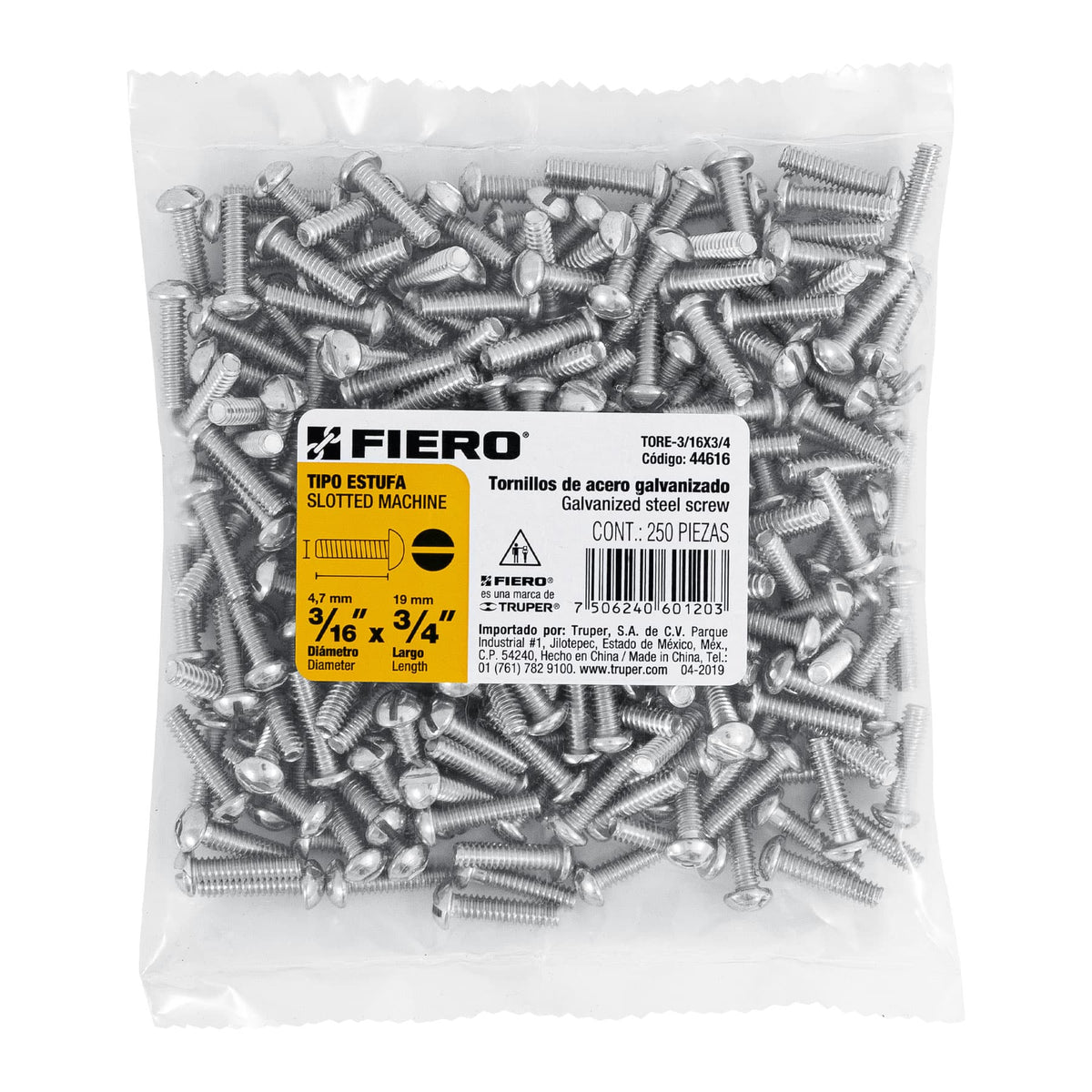 Bolsa con 250 Tornillos 3/16' X 3/4' Tipo Estufa, Fiero
