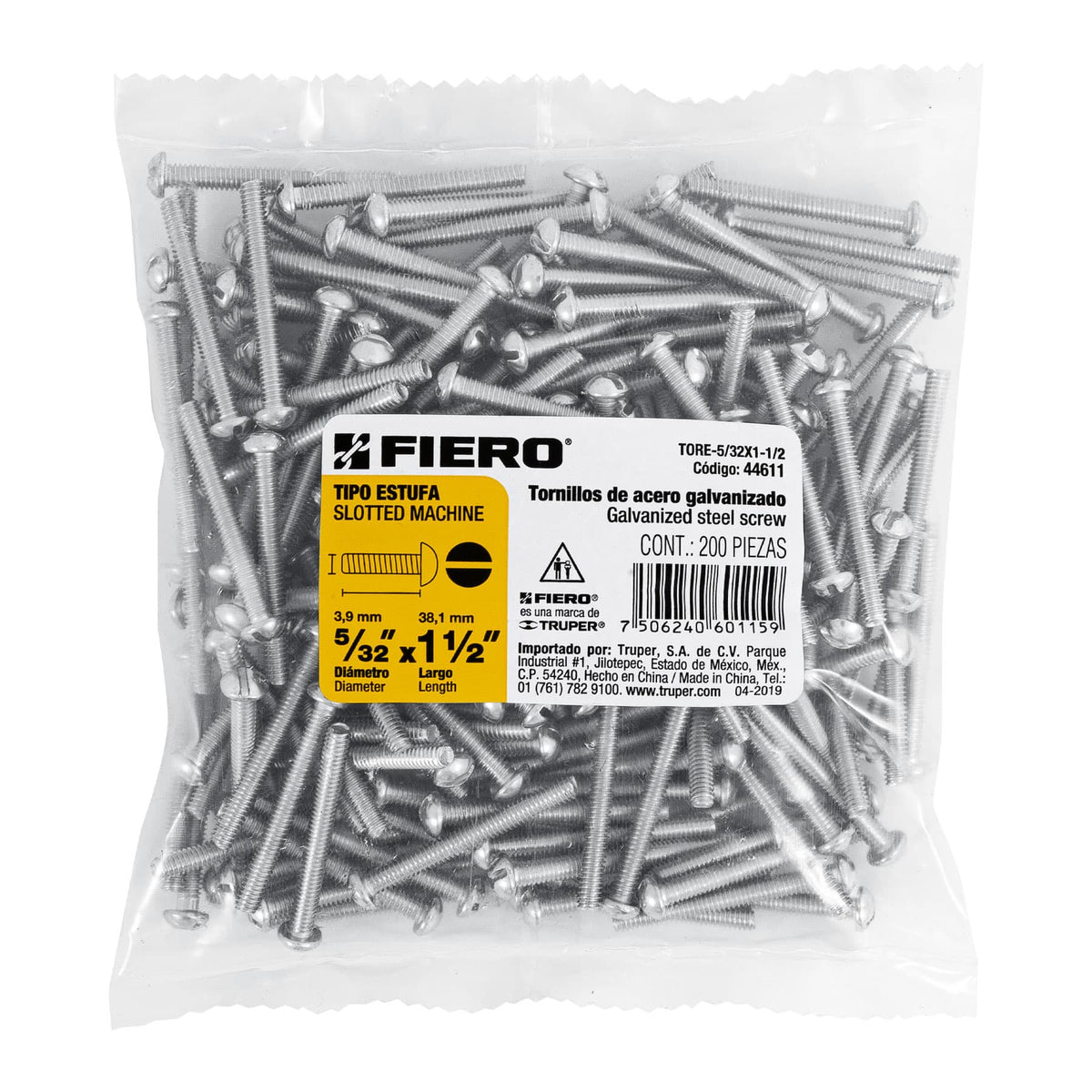 Bolsa con 200 Tornillos 5/32' X 1-1/2' Tipo Estufa, Fiero