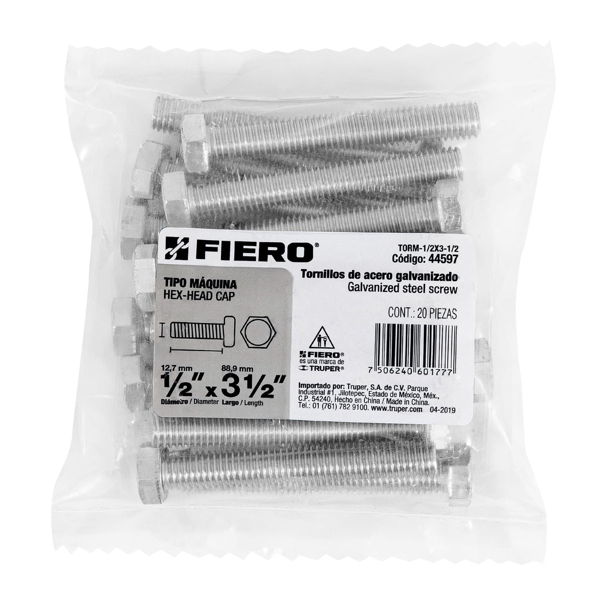Bolsa con 20 Tornillos 1/2' X 3-1/2' Tipo Máquina, Fiero