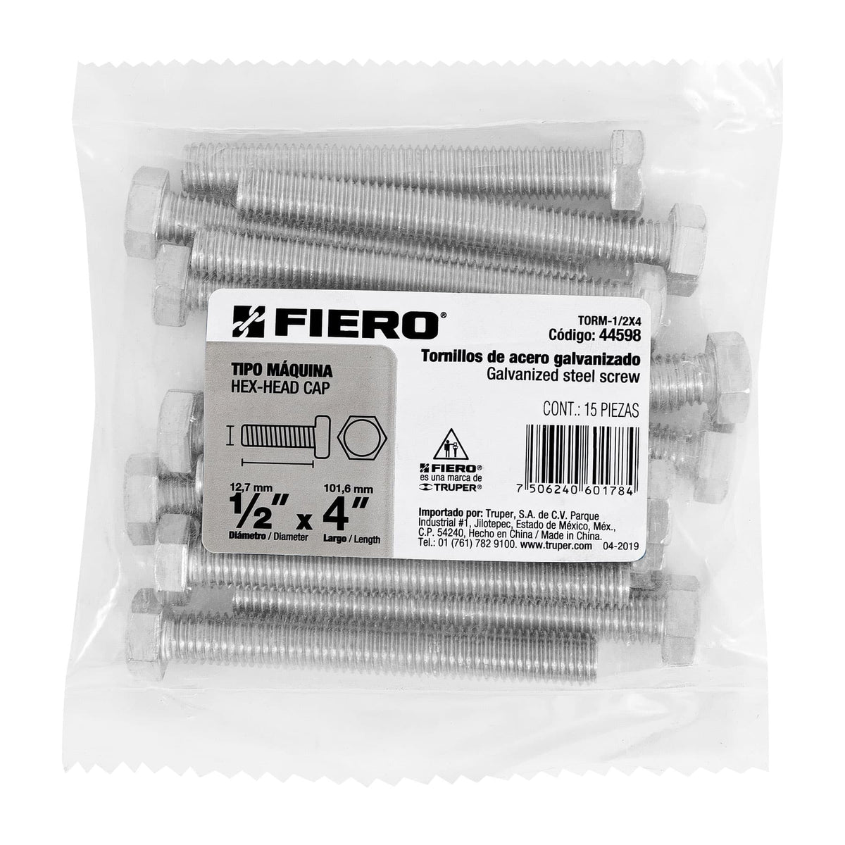 Bolsa con 15 Tornillos 1/2' X 4' Tipo Máquina, Fiero