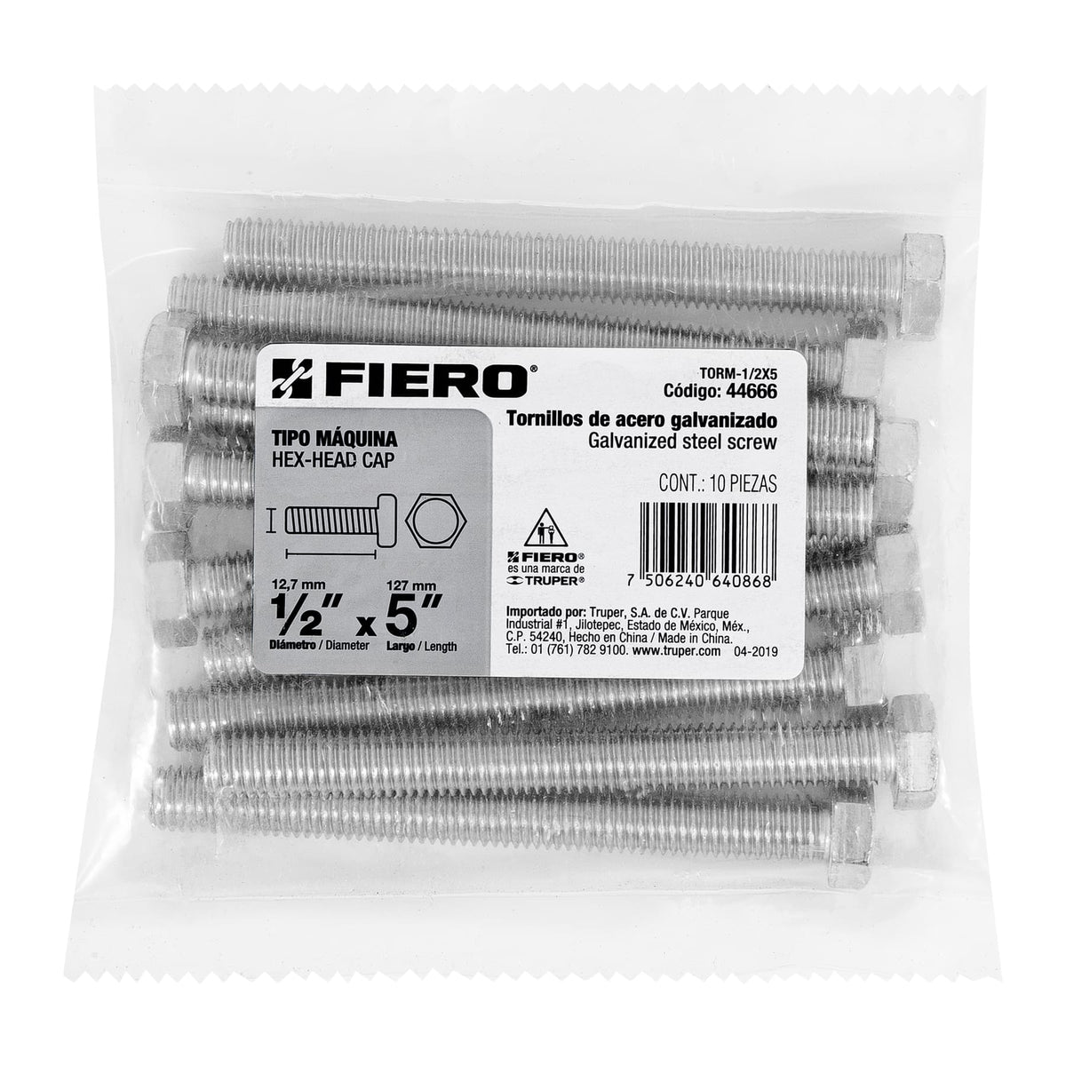 Bolsa con 10 Tornillos 1/2' X 5' Tipo Máquina, Fiero