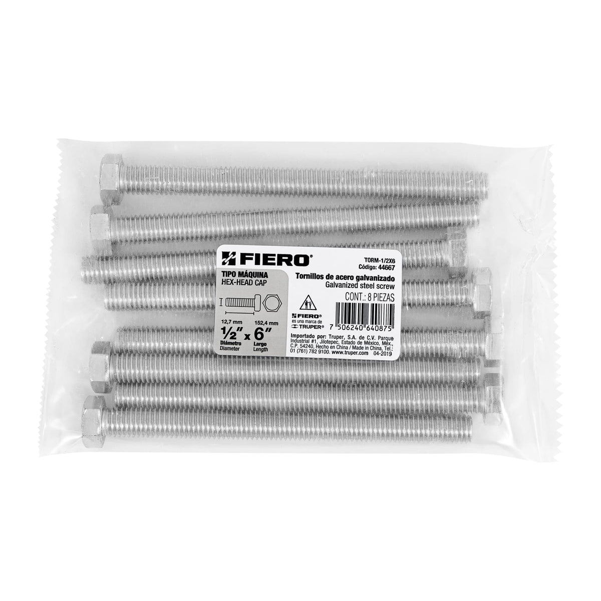 Bolsa con 8 Tornillos 1/2' X 6' Tipo Máquina, Fiero