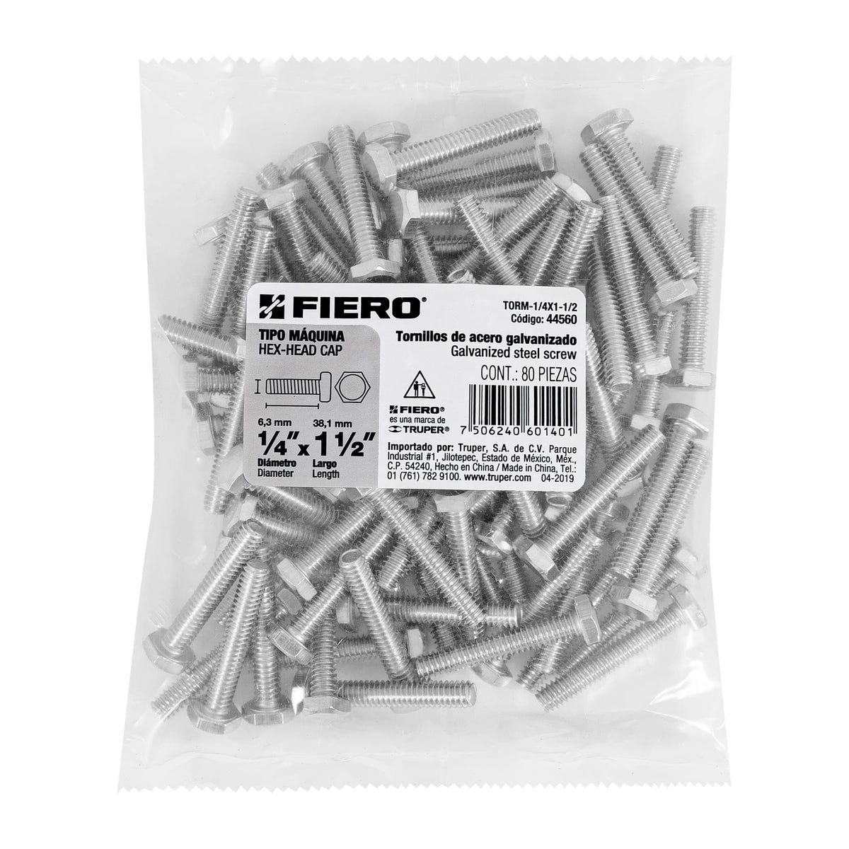 Bolsa con 80 Tornillos 1/4' X 1-1/2' Tipo Máquina, Fiero