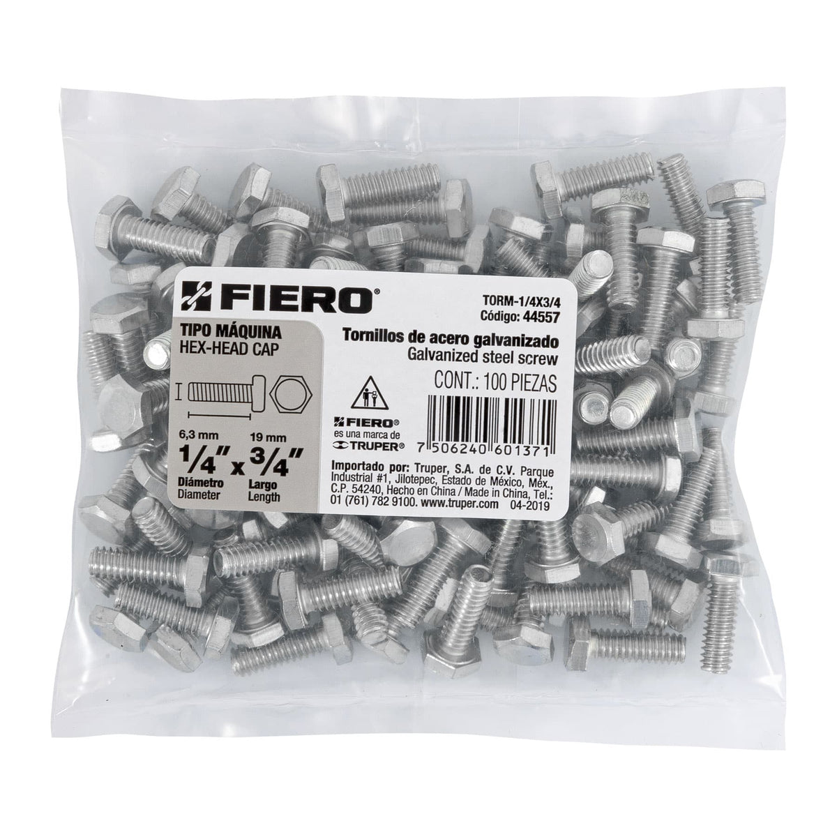Bolsa con 100 Tornillos 1/4' X 3/4' Tipo Máquina, Fiero