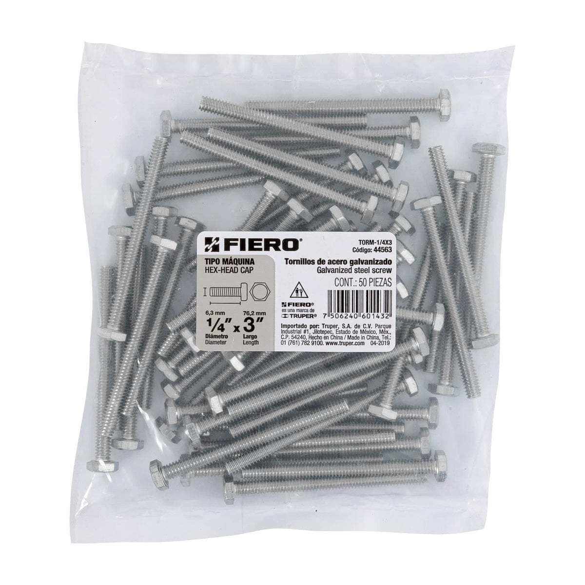 Bolsa con 50 Tornillos 1/4' X 3' Tipo Máquina, Fiero