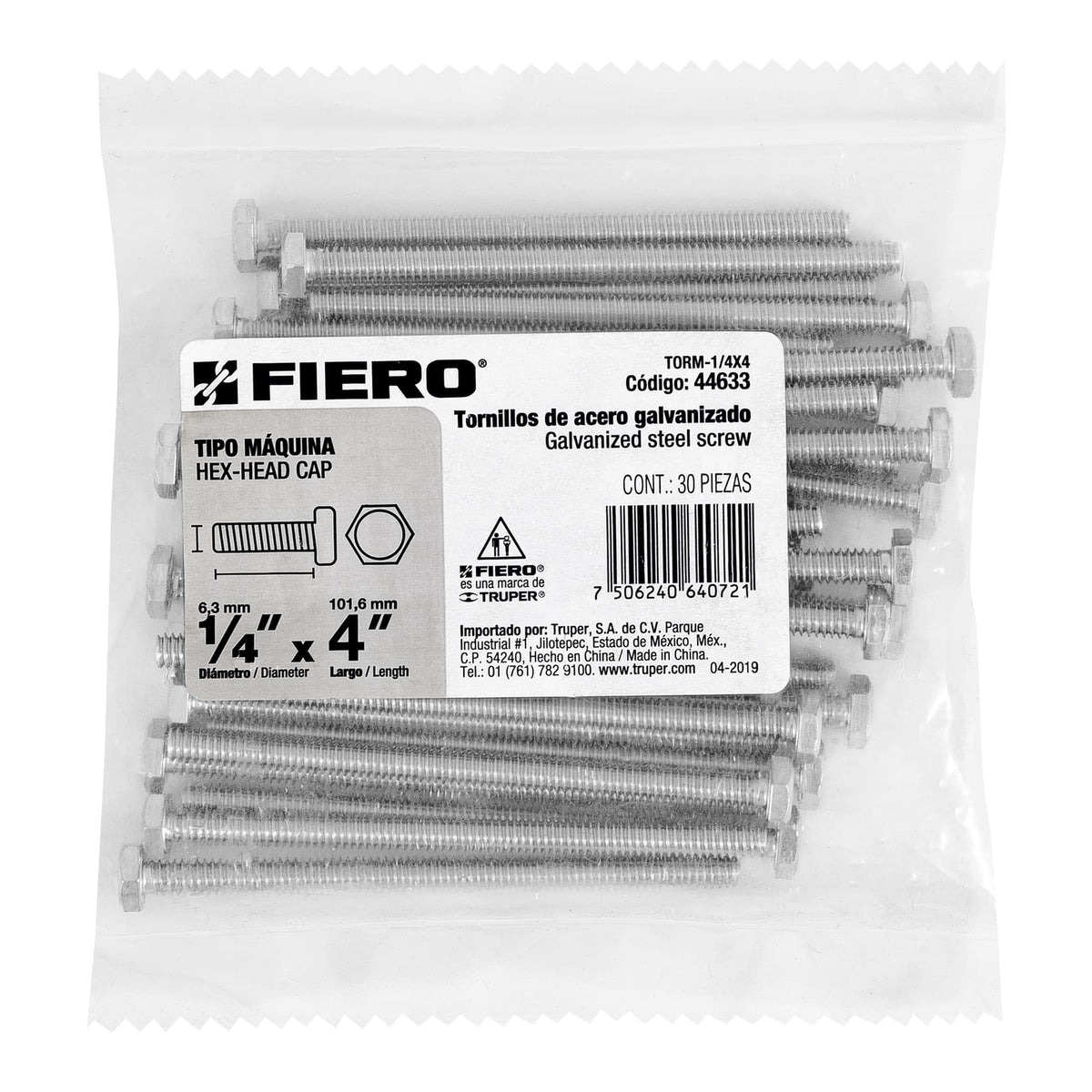 Bolsa con 30 Tornillos 1/4' X 4' Tipo Máquina, Fiero