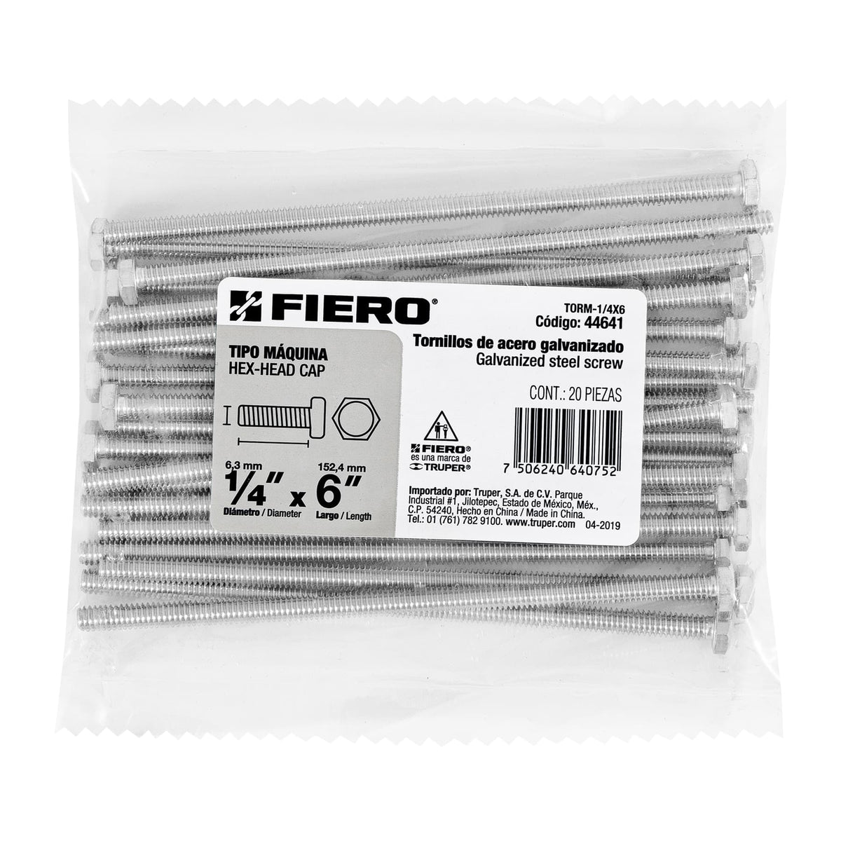 Bolsa con 20 Tornillos 1/4' X 6' Tipo Máquina, Fiero